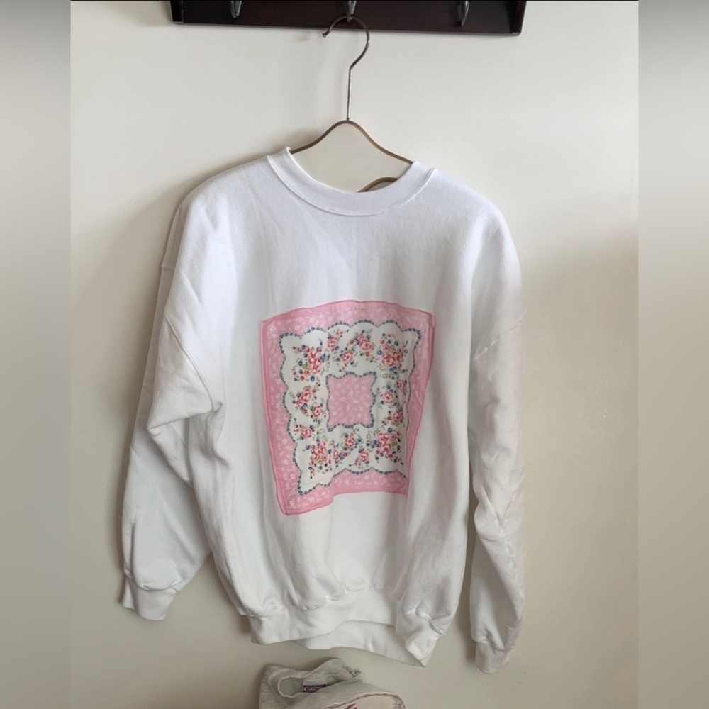Vintage White Sweatshirt with Pink Floral Design upcycled hankie
